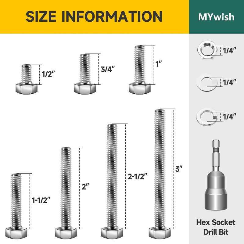 MYWISH مجموعة من 210 قطعة من براغي وصواميل رأس سداسي، 1/4 20 برغي، مجموعة براغي وصواميل من الفولاذ المقاوم للصدأ 304 الثقيلة مع غسالات مسطحة، تشمل 7 أحجام شائعة، ملولبة بالكامل - Image 2